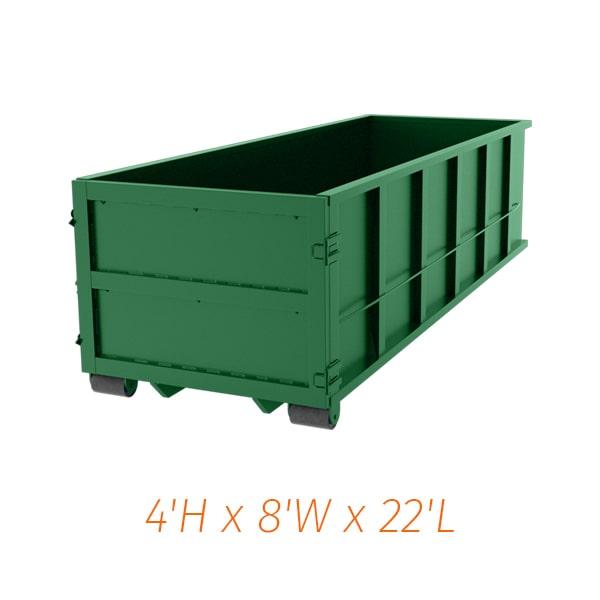 the twenty yard dumpsters measure 20 feet in length, 8 feet in width, and 5 feet in height